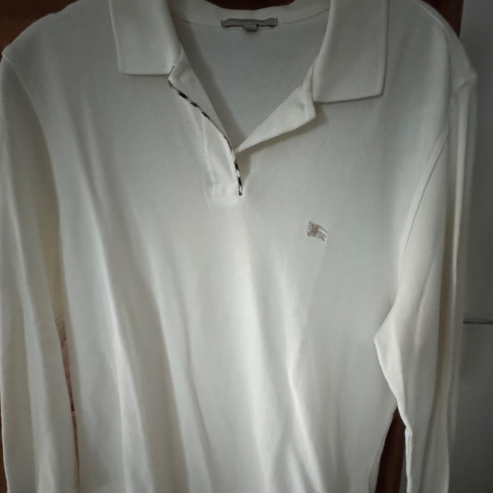 🤍 Burberry London White Long-Sleeve Polo Shirt – Size L – 100% Cotton – Classic